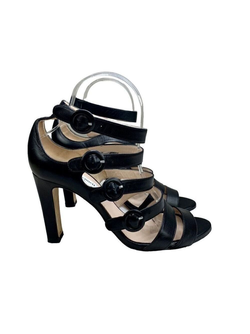 🔵L.K. Bennett Black Multi-Strap Leather Heels Sandals Strappy 38.5